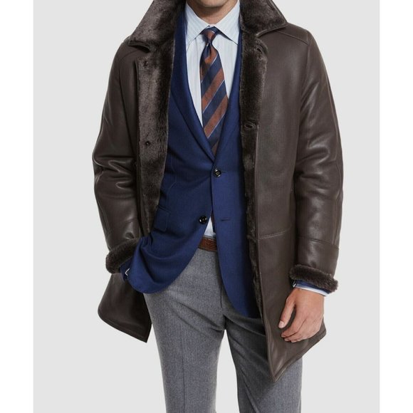 $2495 Gallotti Mens Brown Leather Shearling Fur-Lined Jacket Coat-Eu 54 US 44 - Picture 8 of 10